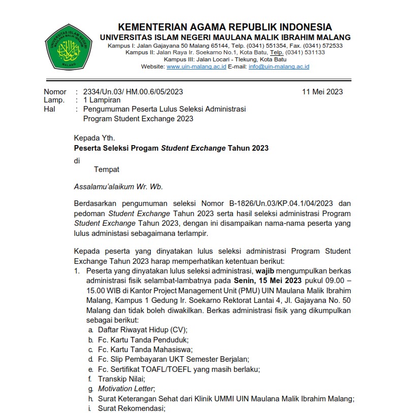 Pengumuman Seleksi Administrasi Program Student Exchange Tahun 2023