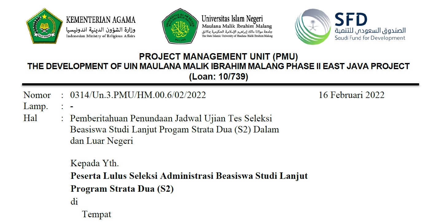 Pemberitahuan Penundaan Jadwal Ujian Tes Seleksi Beasiswa Studi Lanjut Progam Strata Dua (S2)