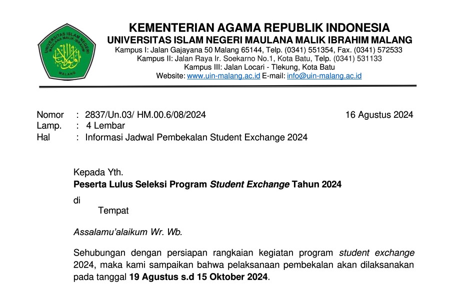 Informasi Jadwal Pembekalan Student Exchange 2024