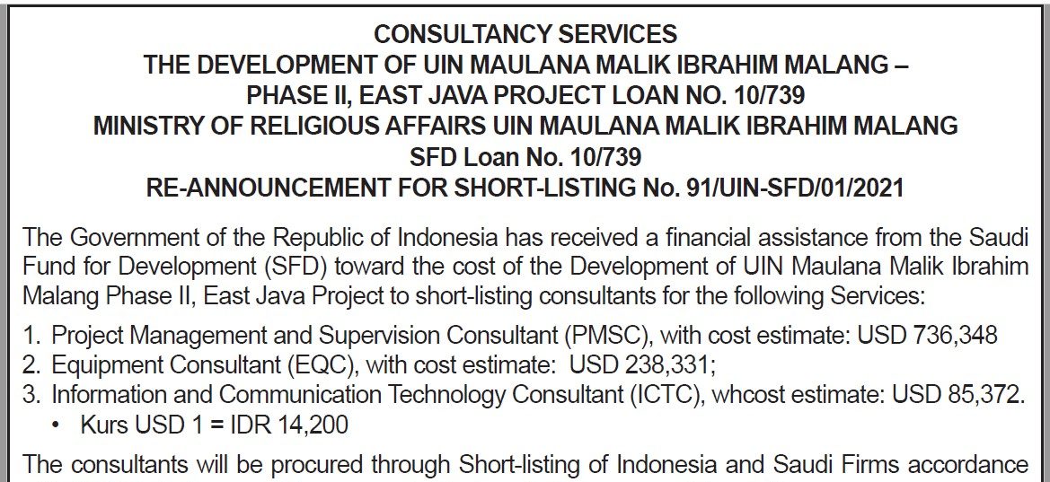 Auction Consulting Services The Development of UIN Maulana Malik Ibrahim Malang Phase II No 51/UIN-S