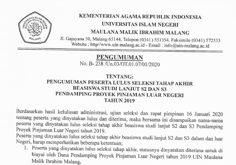 Pengumuman Lulus Beasiswa Studi Lanjut S2 dan S3