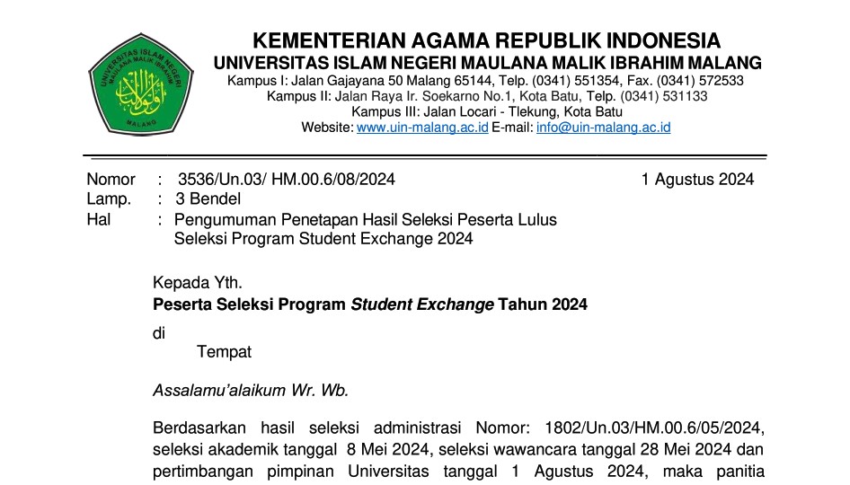 Pengumuman Lulus Seleksi Peserta Student Exchange 2024