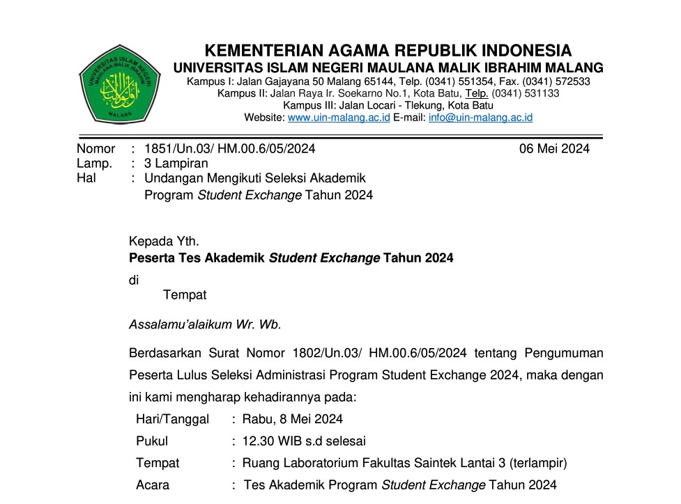 Pelaksanaan Ujian Tes Seleksi Akademik Student Exchange 2024